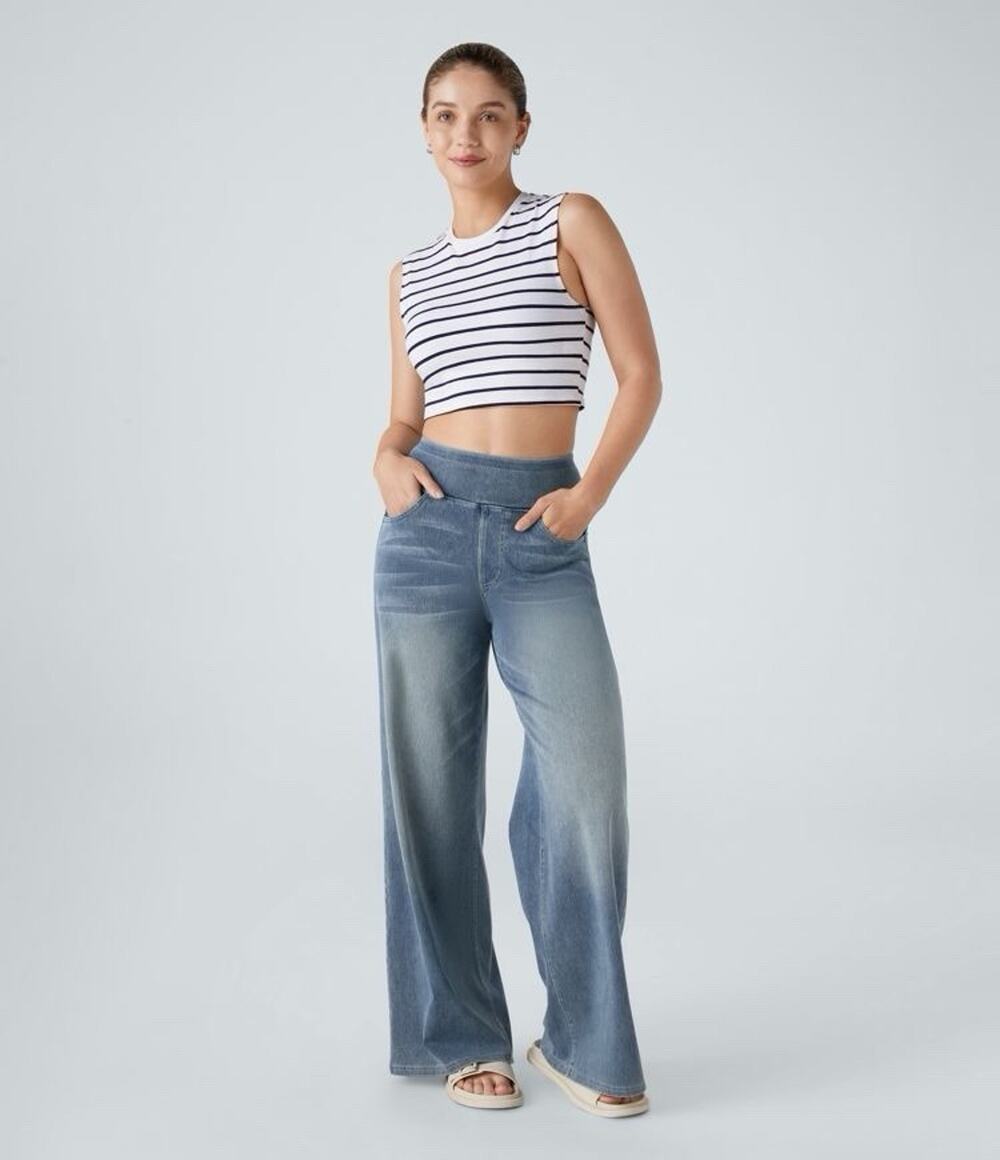 Halara Flex™ High Waisted Pockets Baggy Wide Leg Washed Casual Jeans 2XS